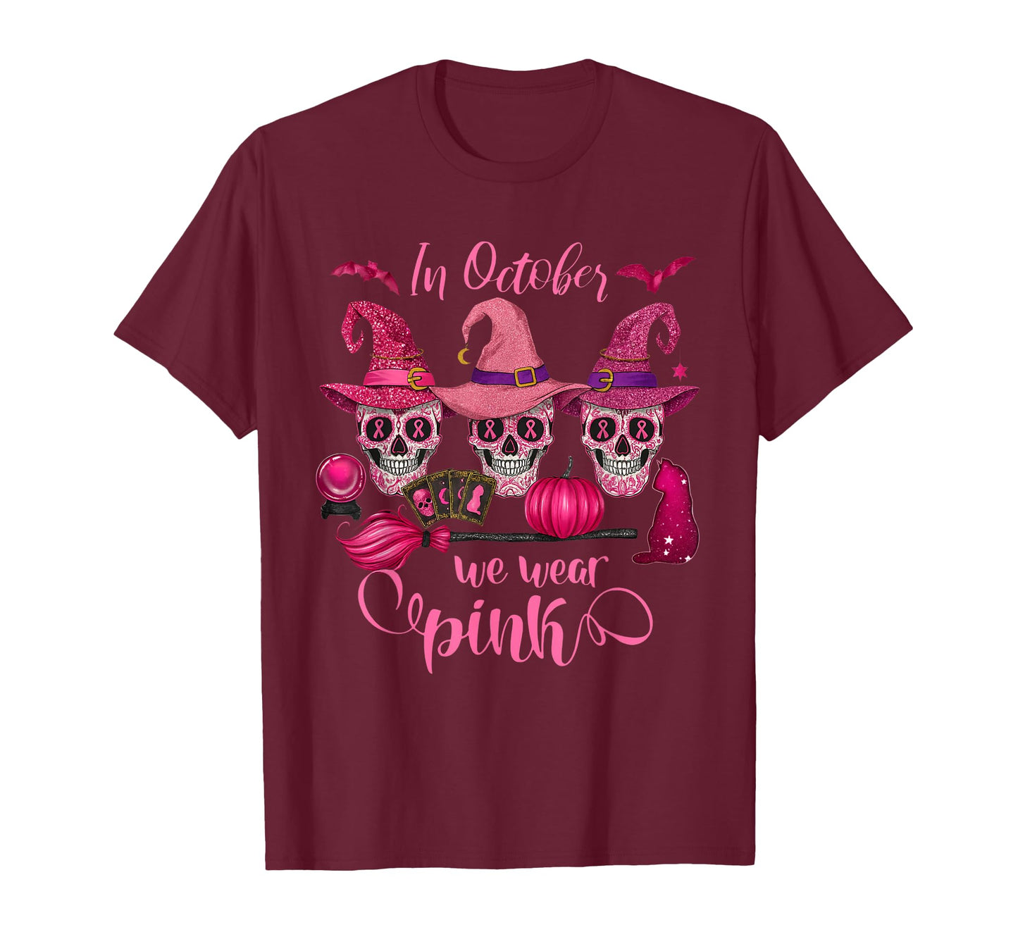 in October We Wear Pink Ribbon Witch Halloween Breast Cancer T-Shirt