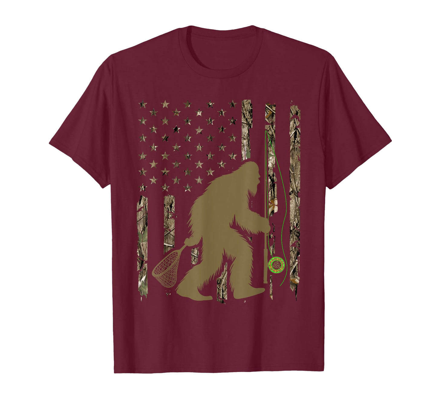 Bigfoot Fly Fishing Sasquatch American Flag Tree Camouflage T-Shirt for Women Men