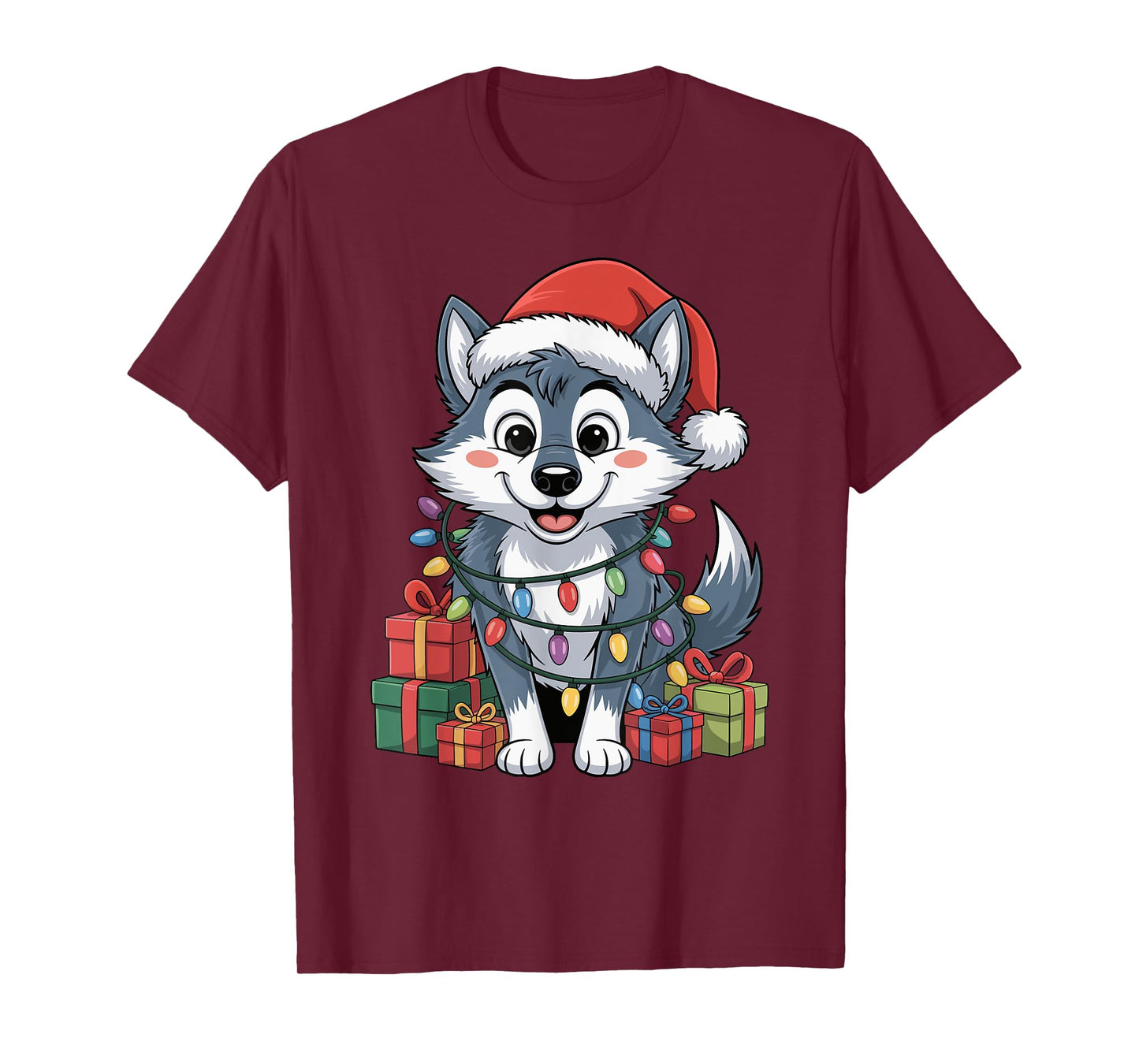 Funny Wolf Santa Hat Animals Lovers Ugly Christmas Pajamas T-Shirt