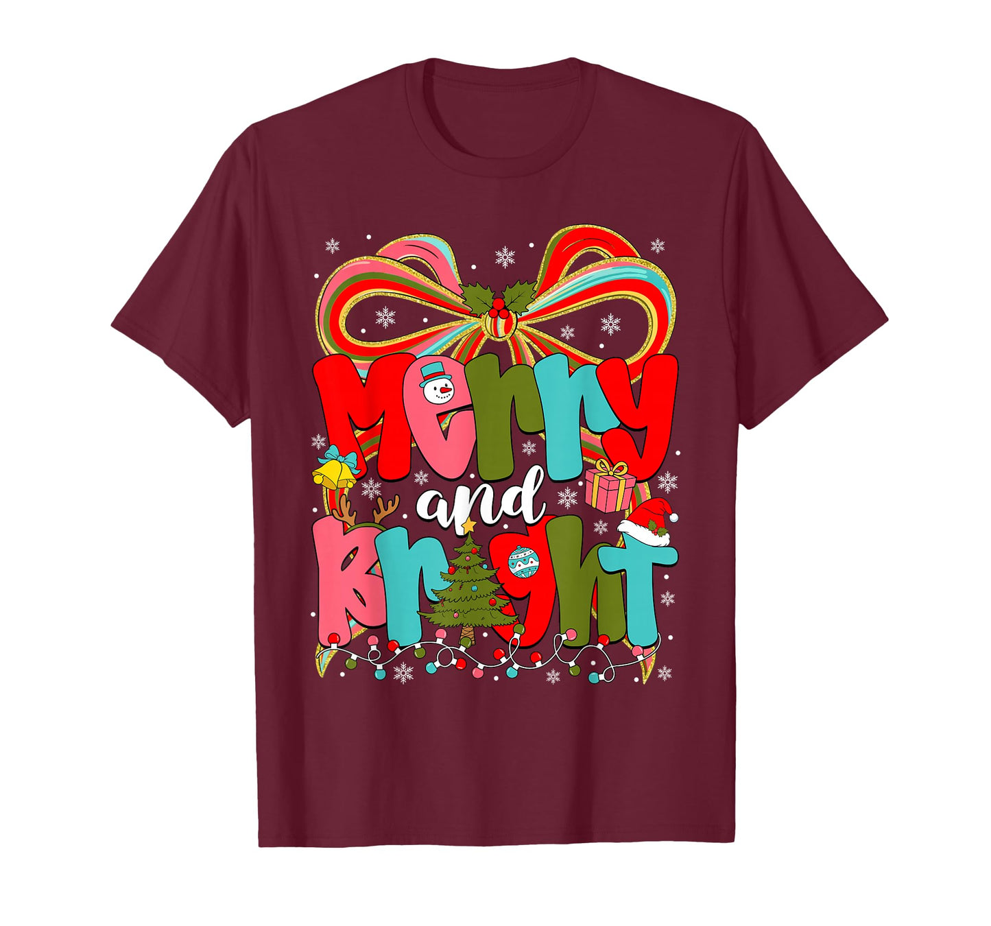Merry and Bright Preppy Coquette Bow Christmas Women Girls T-Shirt