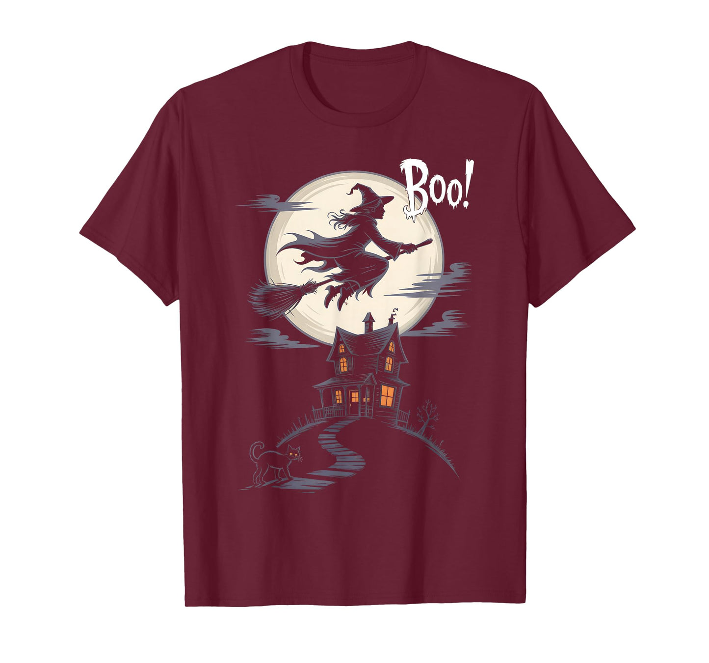 Flying Witch Boo Haunted Spooky House Halloween Night T-Shirt