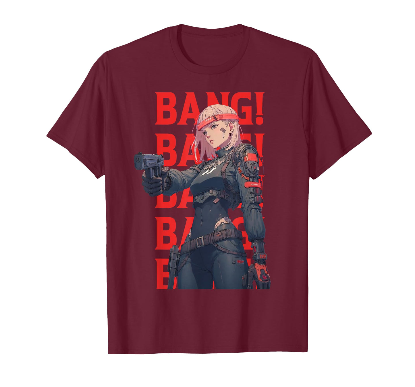 BANG! BANG! BANG! BANG! BANG! Cool Anime Girl Shooting Gun T-Shirt