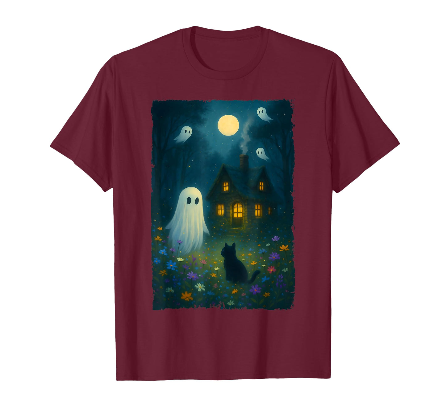 Vintage Floral Ghost Black Cat Halloween Ghost Spooky Gothic T-Shirt