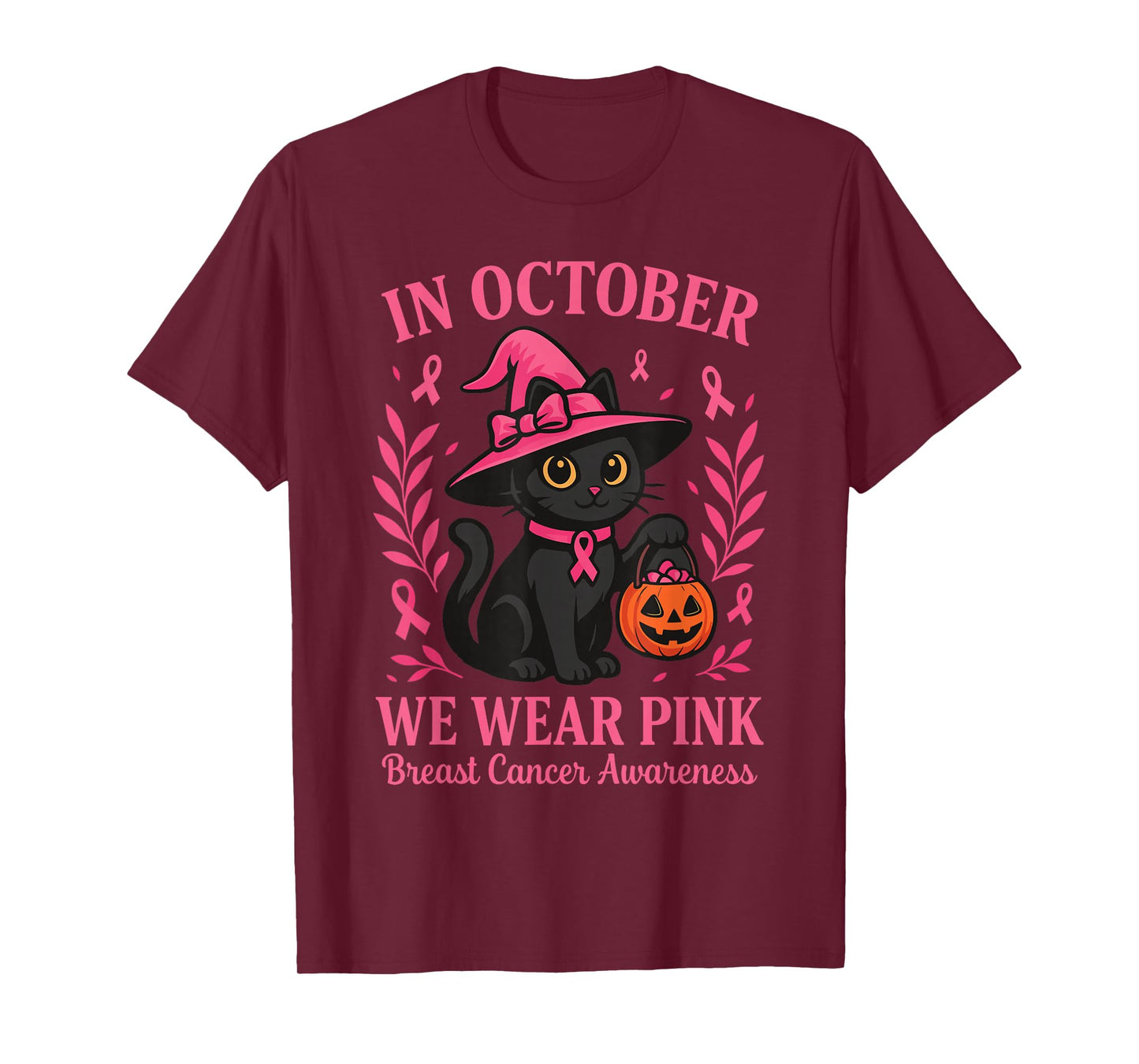 We Wear Pink in October Women Halloween Cat Breast Cancer T-Shirt