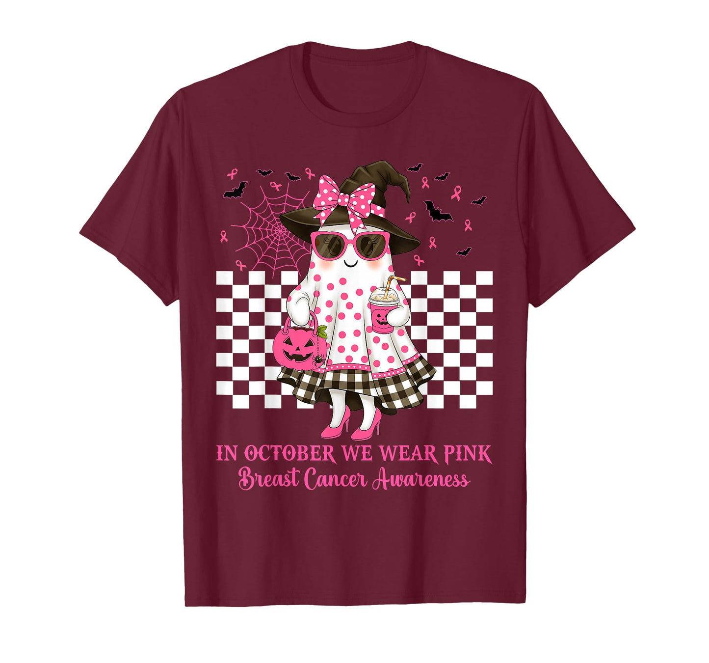 in October We Wear Pink Ghost Witch Breast Cancer Awareness T-Shirt