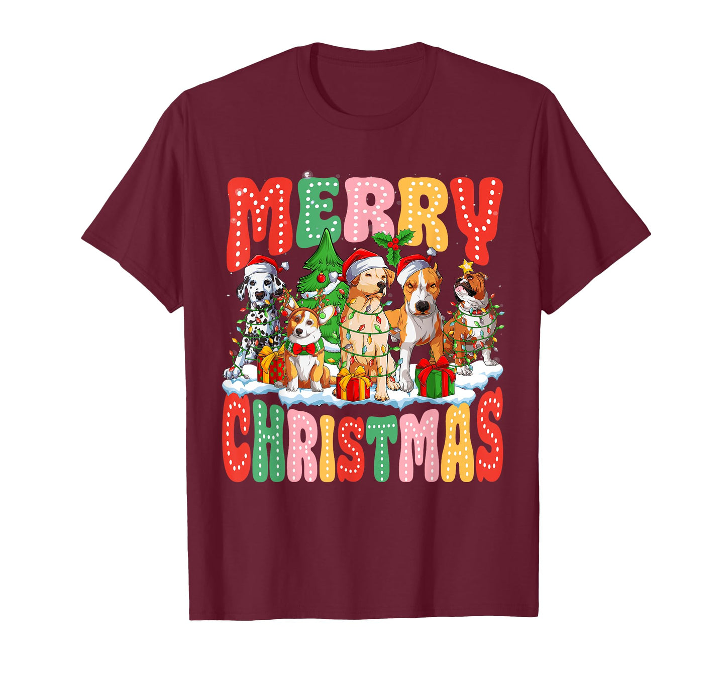 Funny Dogs Christmas Lights Matching Family Pajamas Xmas T-Shirt