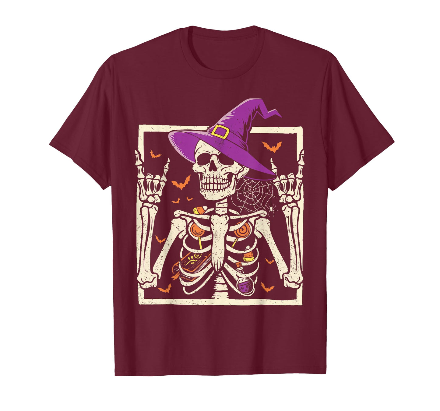 Rocker Skeleton Witch Hat Spooky Cool Design Punk Rock On T-Shirt