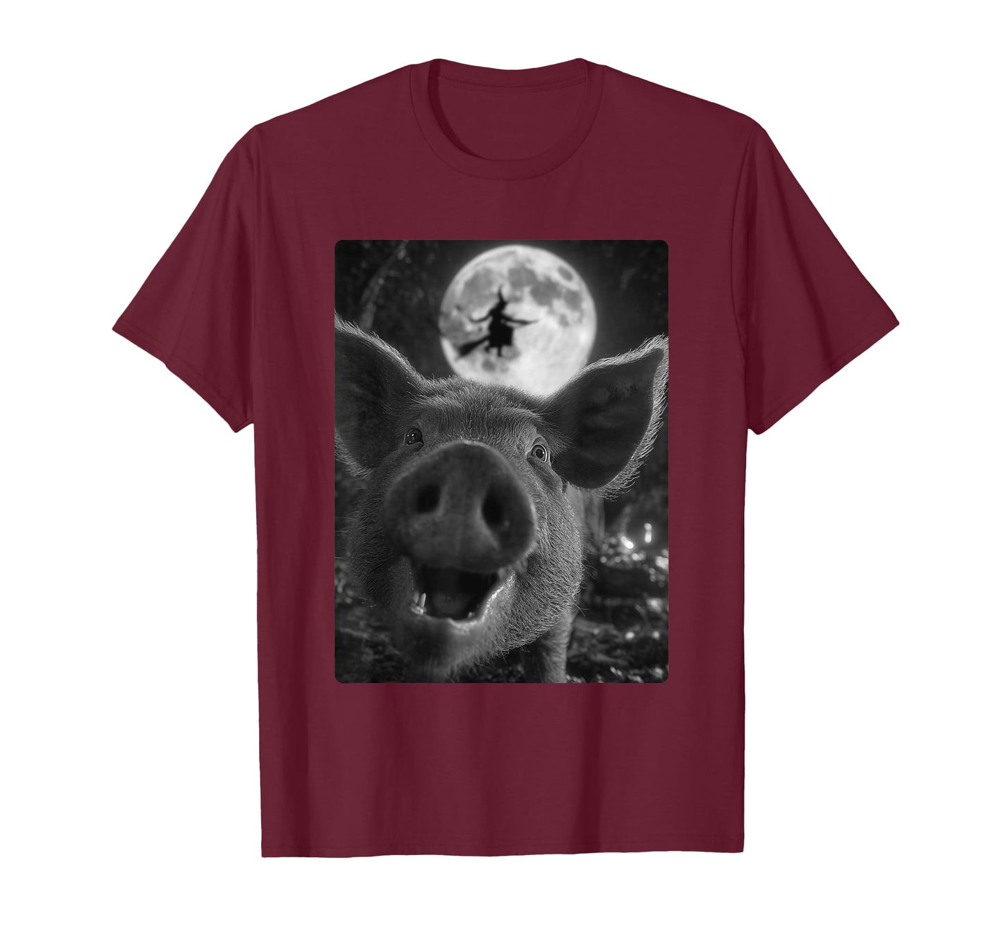 Funny Pig Selfie Full Moon Flying Witch Forest Halloween T-Shirt