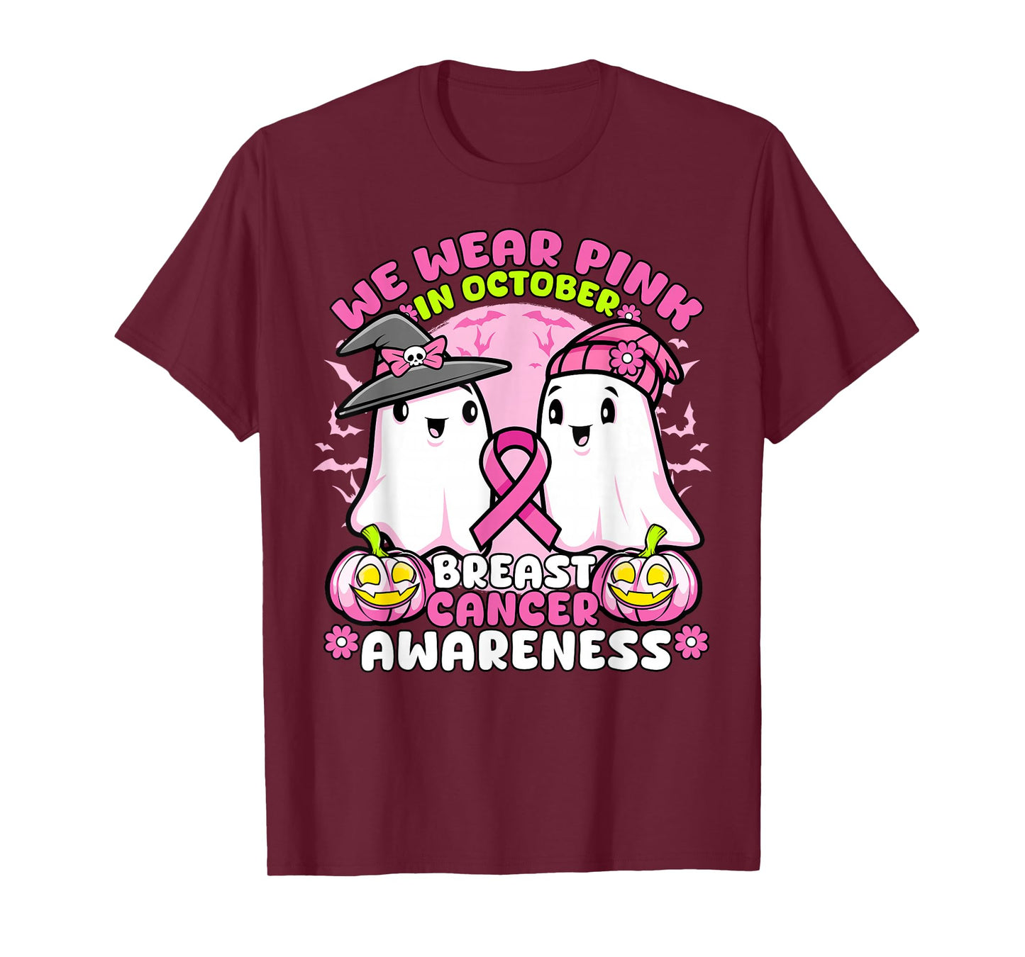 Breast Cancer Halloween Ghost in October We Wear Pink Ribbon T-Shirt