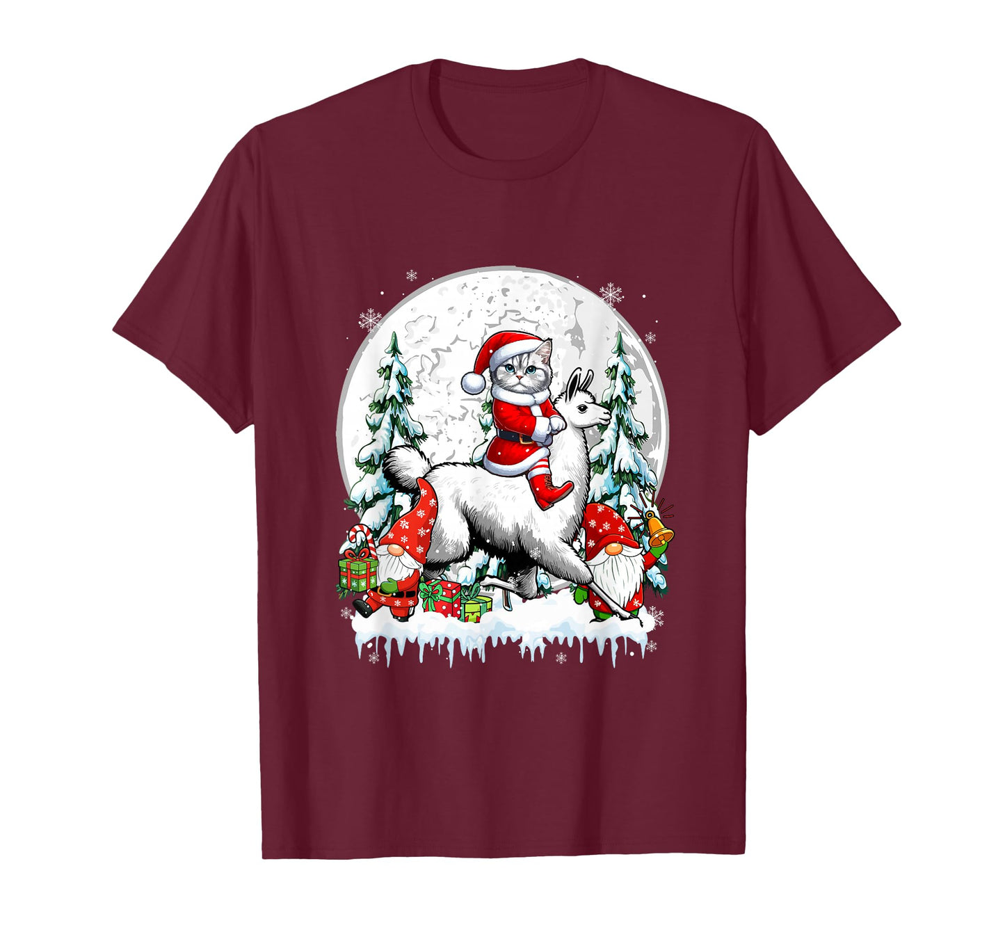 Santa Cat Riding Llama Gnomes Christmas Trees Family Kids T-Shirt