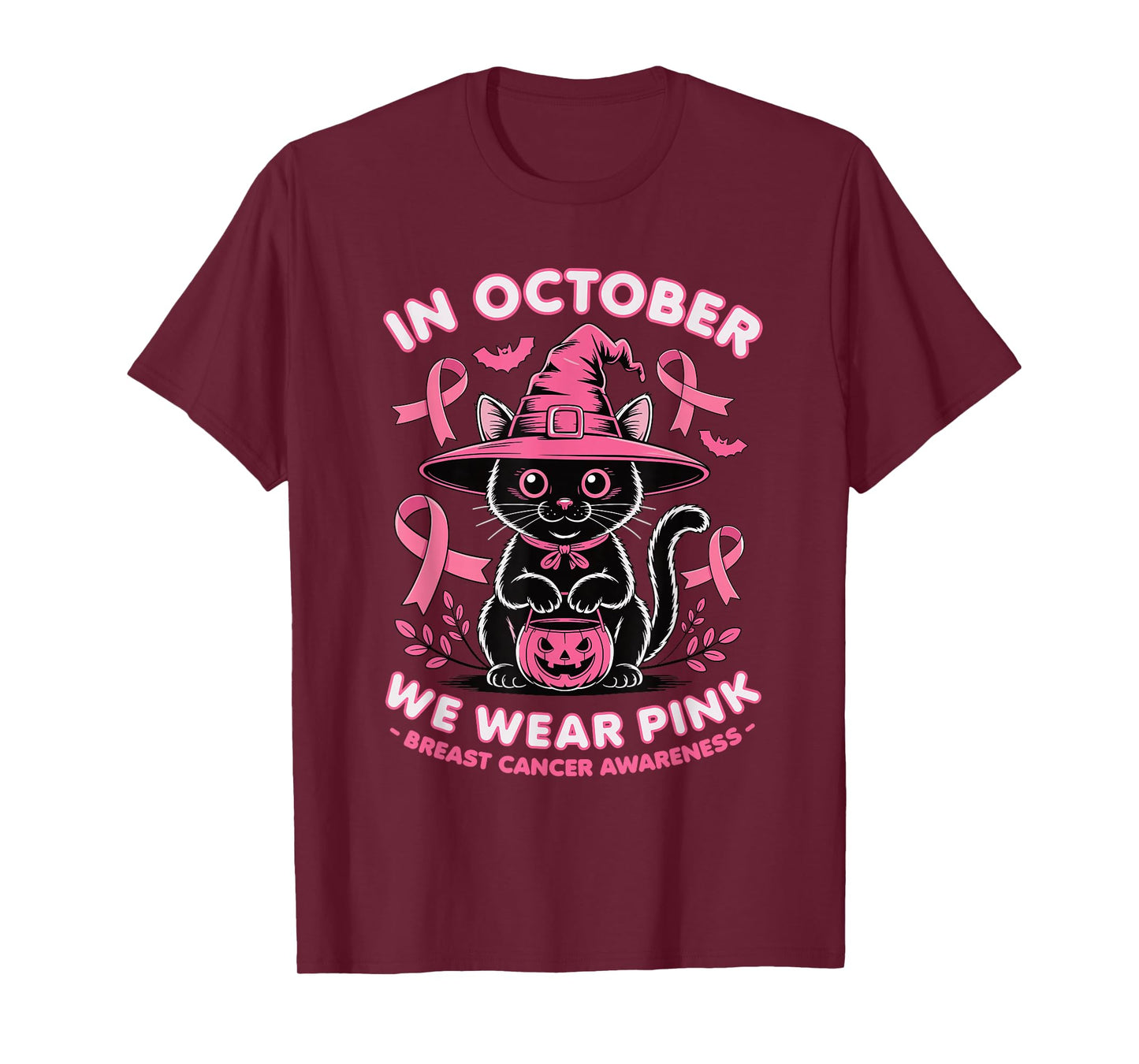 We Wear Pink in October Breast Cancer Women Halloween Cat T-Shirt