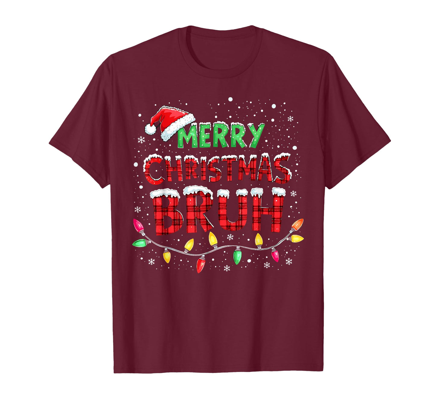 Funny Merry Christmas Bruh Xmas Lights Santa Hat Boys Kids T-Shirt
