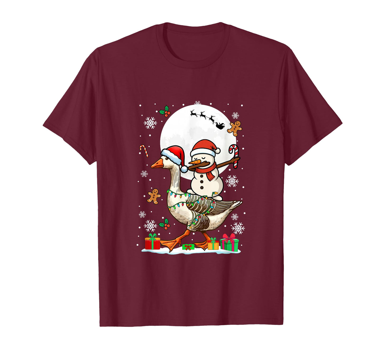 Dabbing Snowman On Goose Christmas Santa Colorful Lights T-Shirt