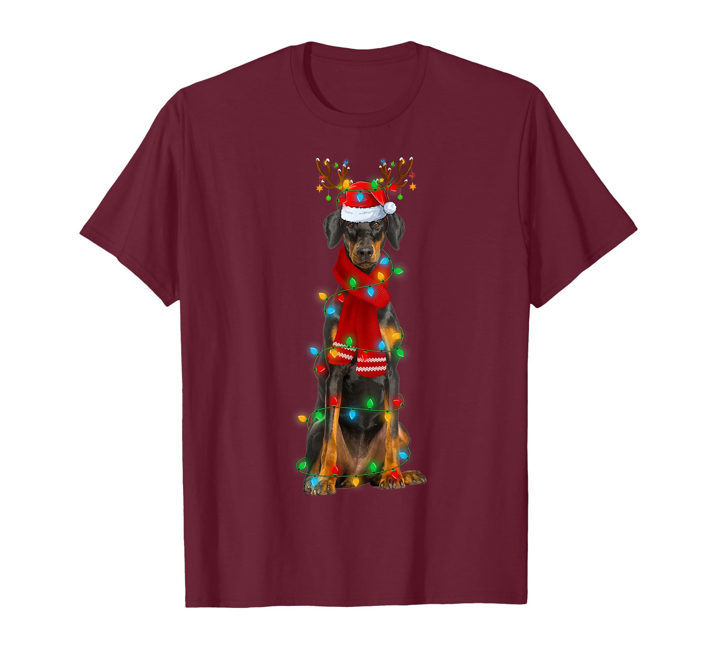 Doberman Pinscher Dog Christmas Lights Santa Hat Xmas T-Shirt