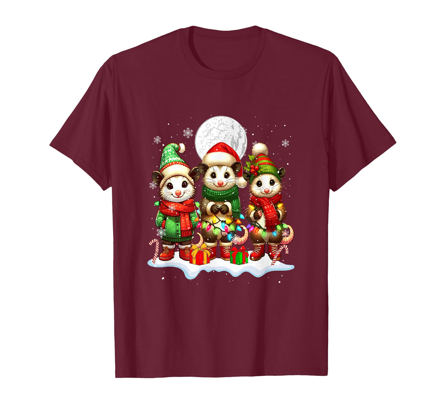 Three Santa Opossums Christmas Snow Colorful Lights Lover T-Shirt