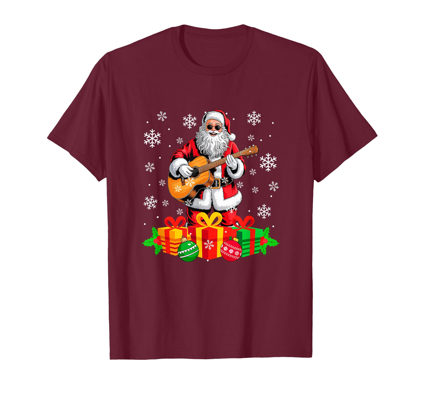 Santa Playing Guitar Instrument Colorful Christmas Boxes T-Shirt