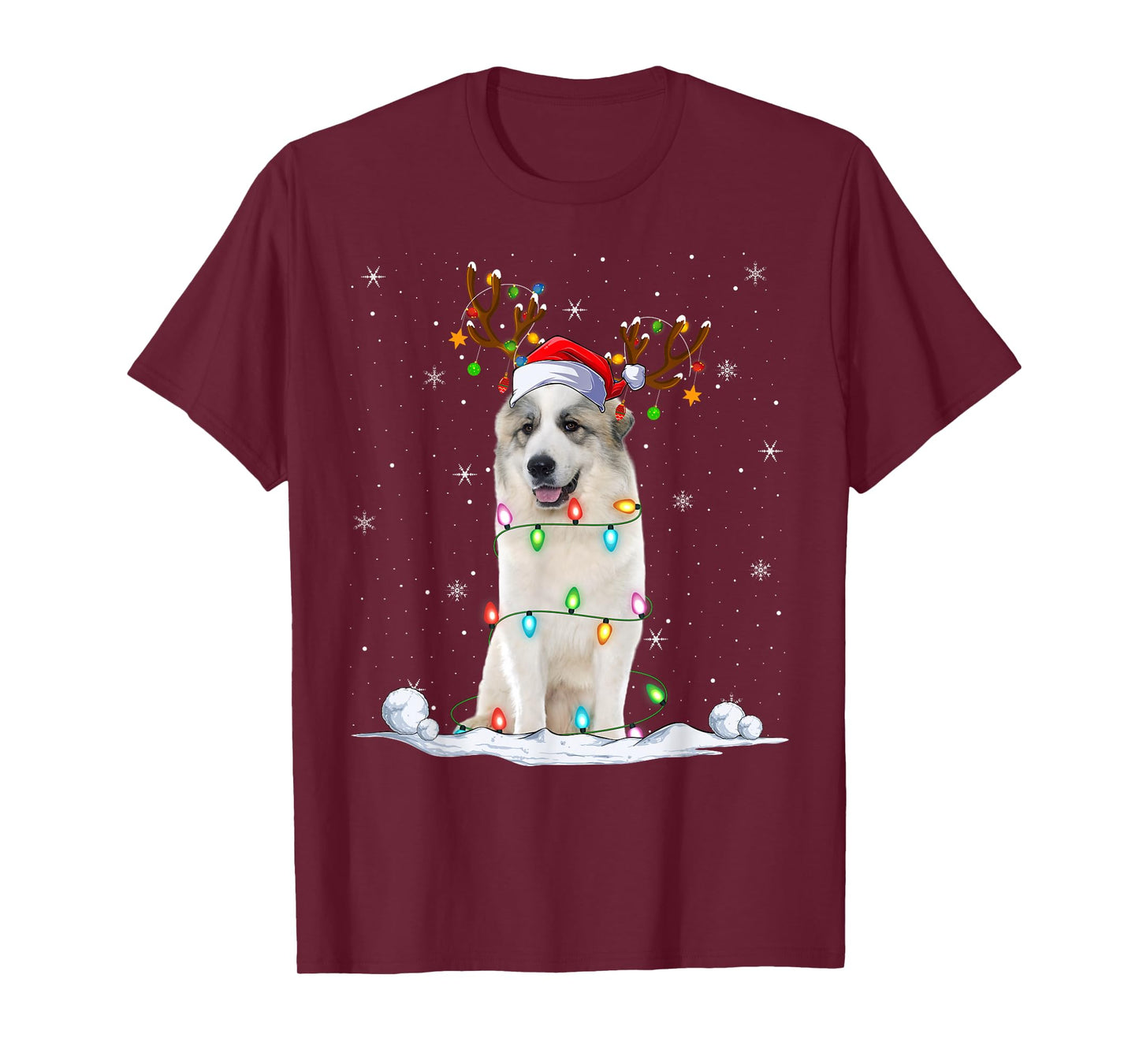 Great Pyrenees Dog Christmas Lights Funny Santa Hat Xmas T-Shirt
