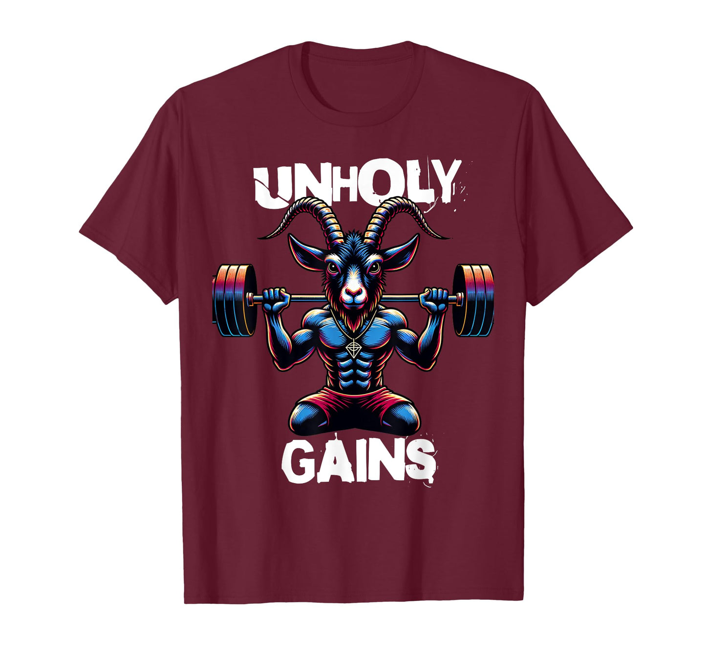Unholy Gains Satanic Workout Devil Worship Goat Baphomet Gym T-Shirt
