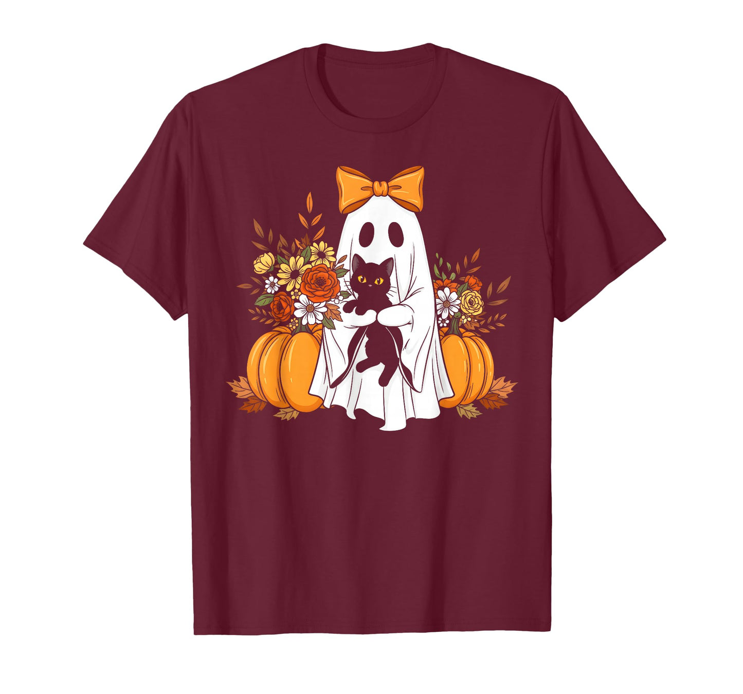 Vintage Halloween Ghost Holding Black Cat Groovy Floral T-Shirt