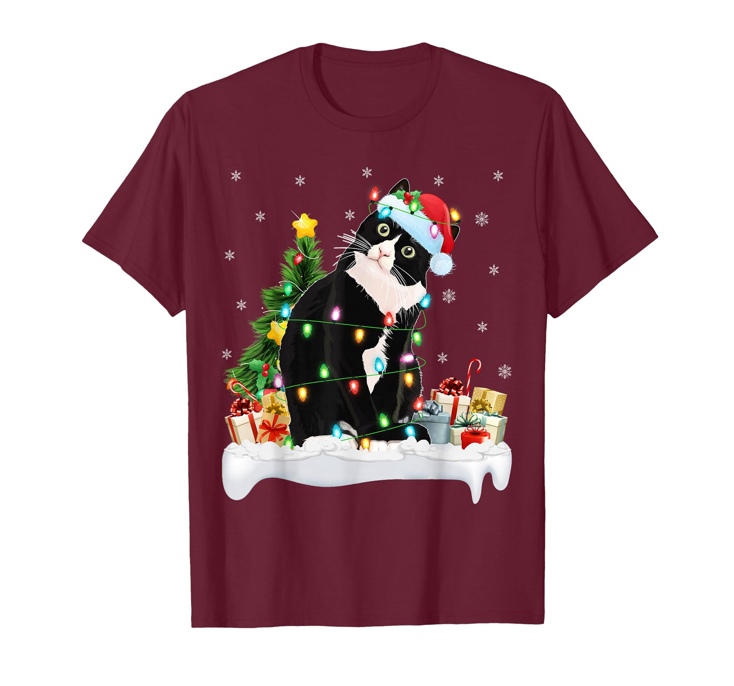 Black Cat Christmas Lights Santa Hat Black Cat Lover Xmas T-Shirt