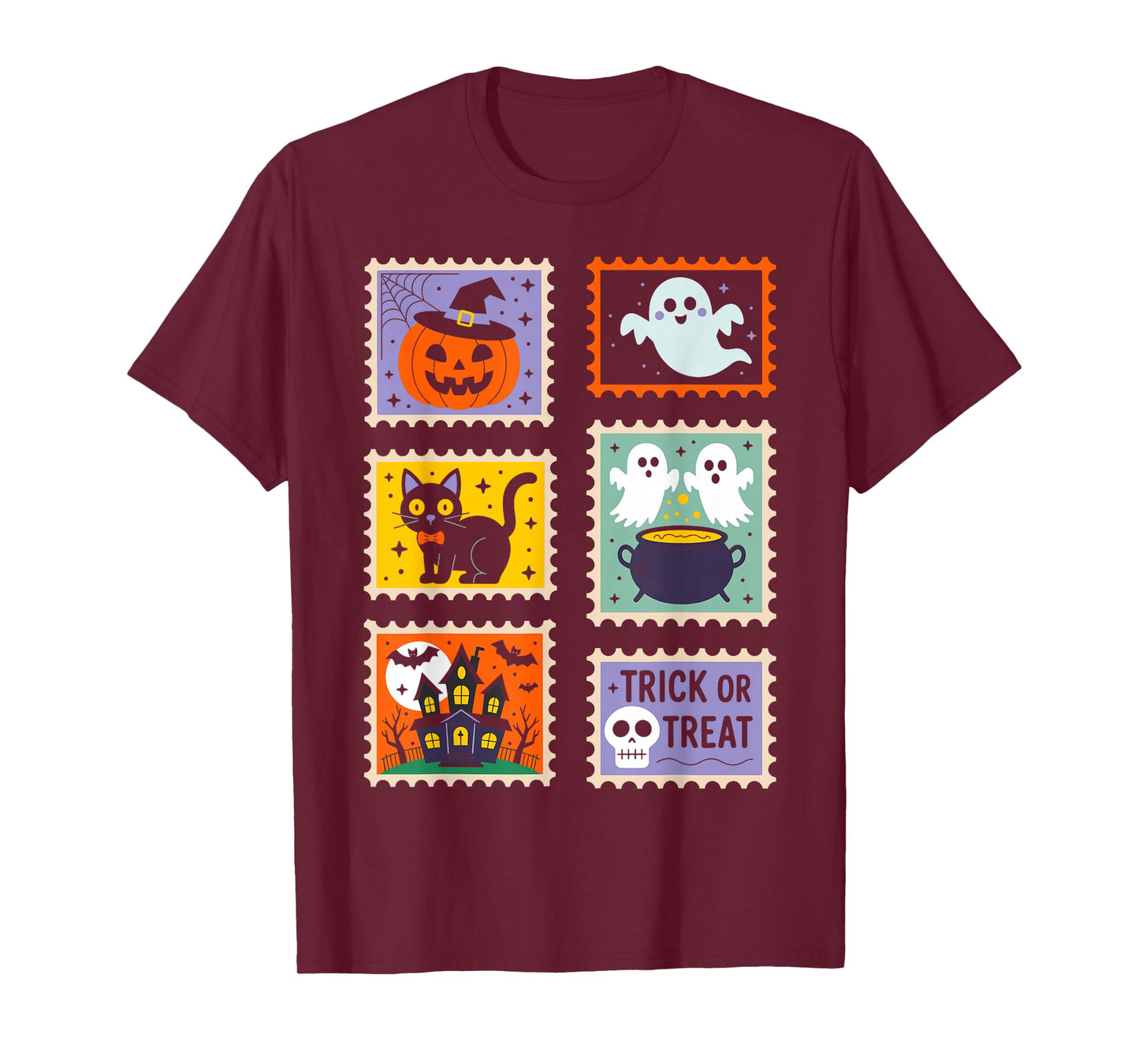 Halloween Stamps Spooky Pumpkin Ghost Cat Witch Skeleton T-Shirt