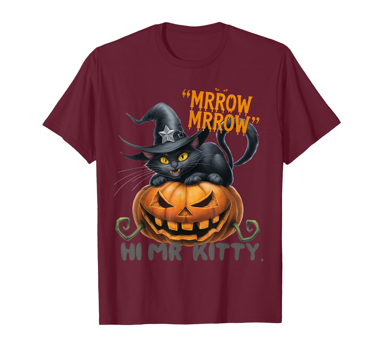 Funny Spooky Black Cat “Mrrrow Mrrrow” Halloween Pumpkin T-Shirt