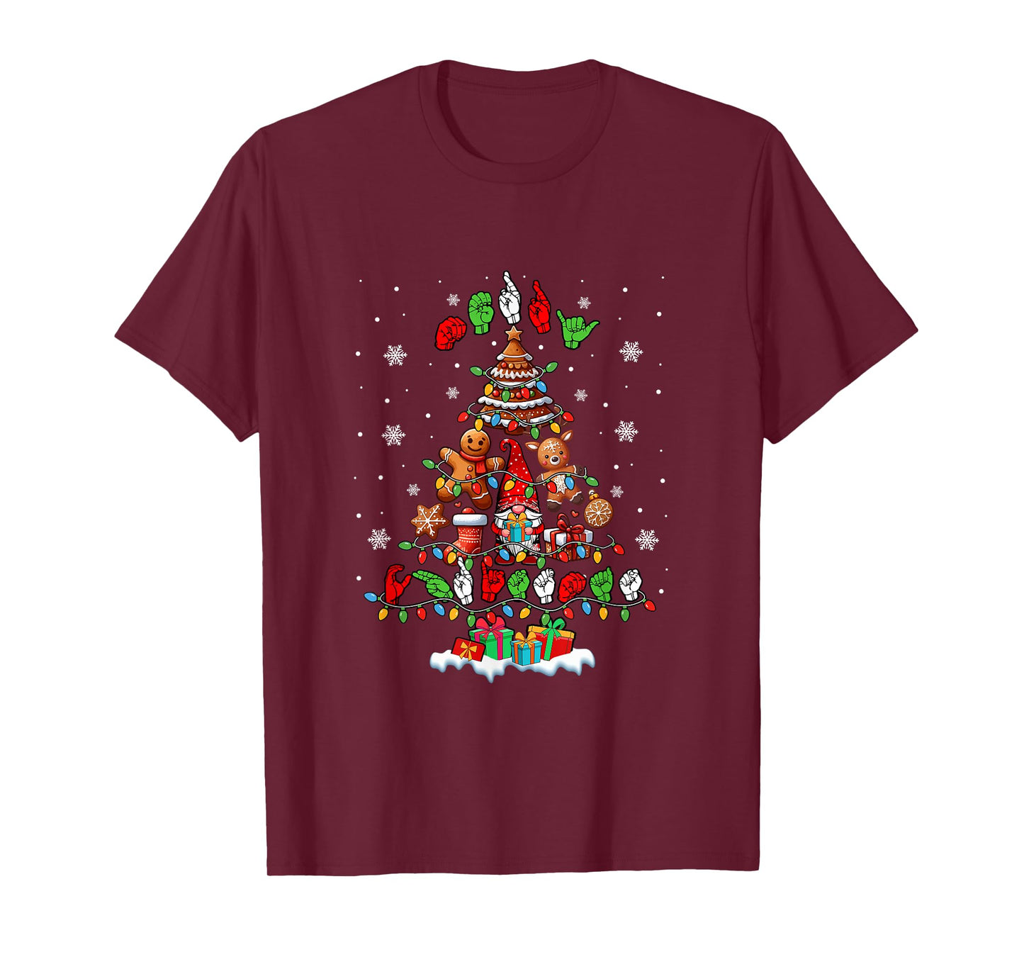 Merry Christmas Hands Sign Language Gnomes Cookies Xmas Tree T-Shirt