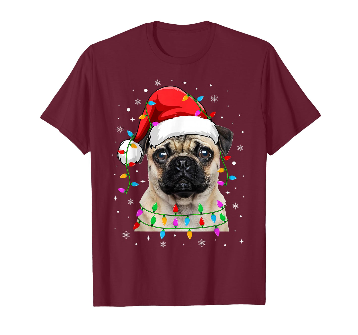 Pug Christmas Lights Santa Hat Pug Dogs Xmas T-Shirt