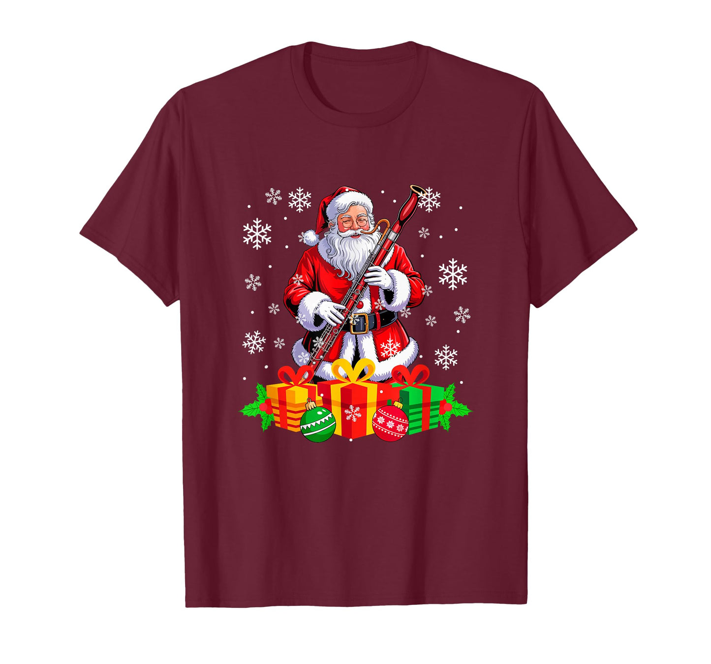 Santa Playing Bassoon Instrument Colorful Christmas Boxes T-Shirt