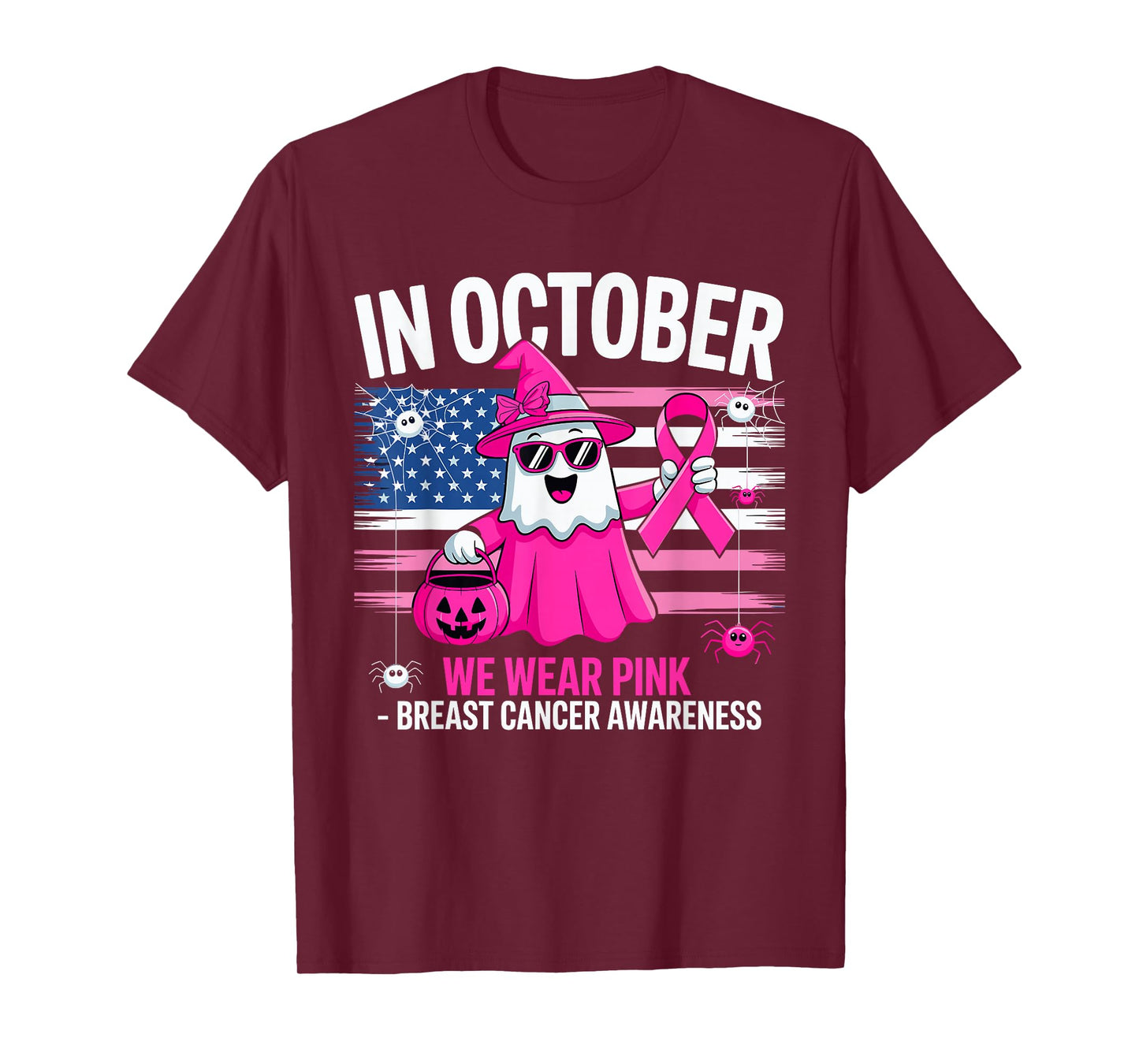 in October We Wear Pink Ghost Witch Breast Cancer Awareness T-Shirt