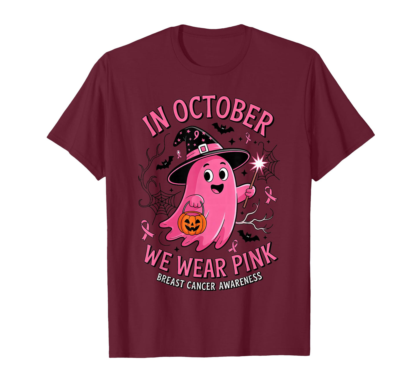 Cute Ghost Witch Pink Ribbon October Breast Cancer Awareness T-Shirt