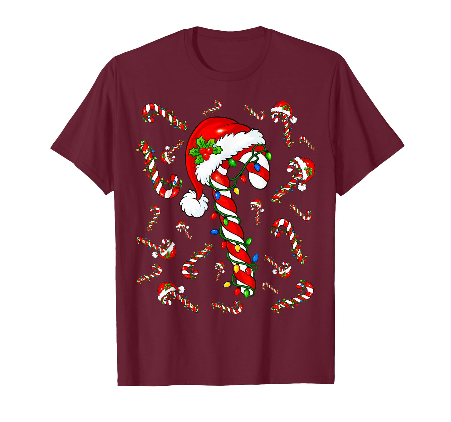 Candy Cane Santa Christmas Red and White Funny Xmas Lights T-Shirt