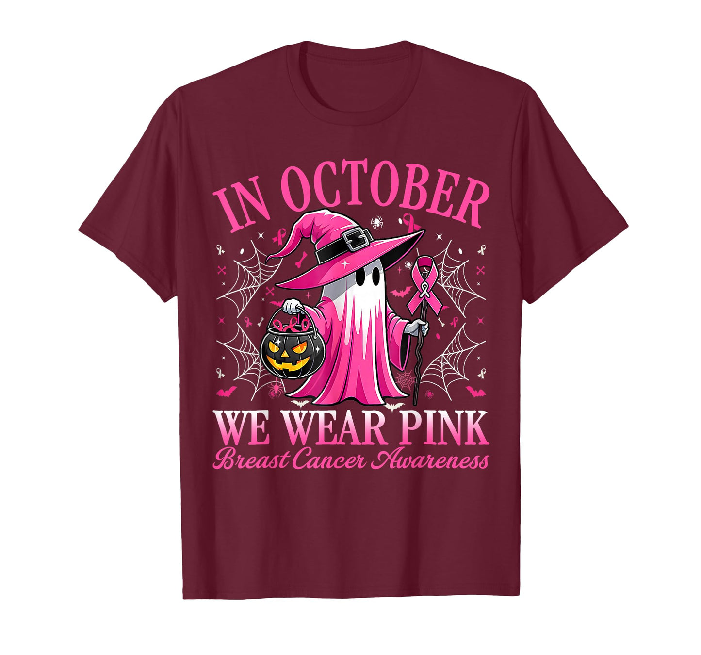 in October We Wear Pink Witch Breast Cancer Women Halloween T-Shirt