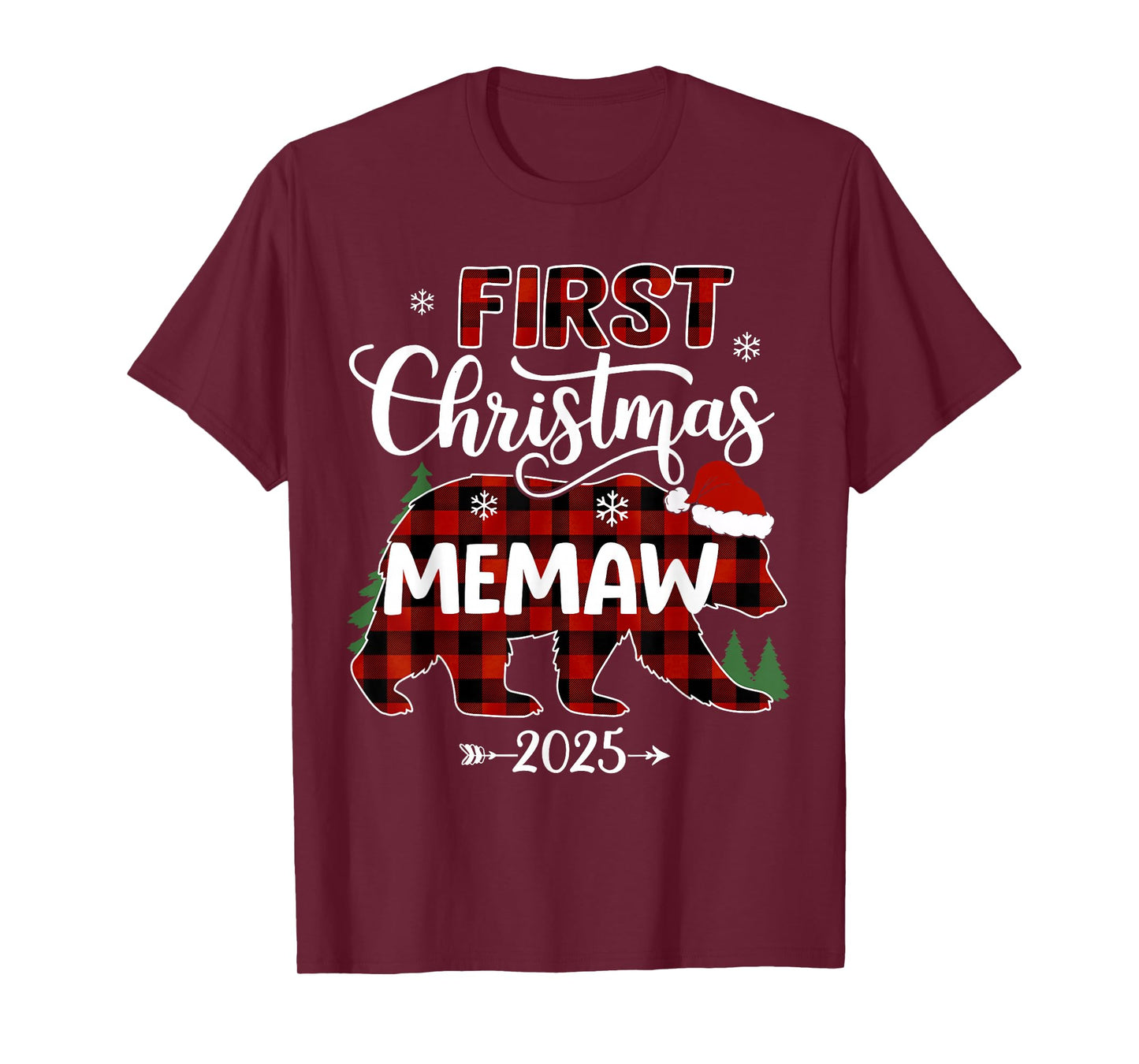 Pregnancy First Christmas Memaw Red Plaid Bear Santa 2025 T-Shirt