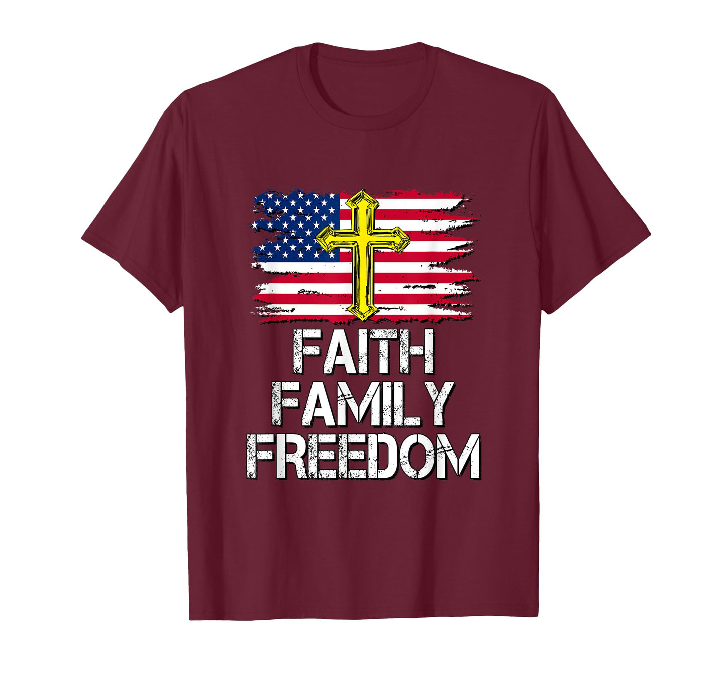 Faith Family Freedom - American Flag and Cross - Distressed T-Shirt for Women Kids Men