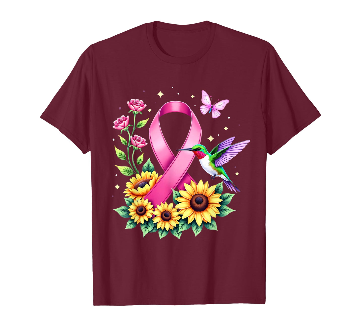 Hummingbird Sunflower Pink Ribbon Breast Cancer Awareness T-Shirt