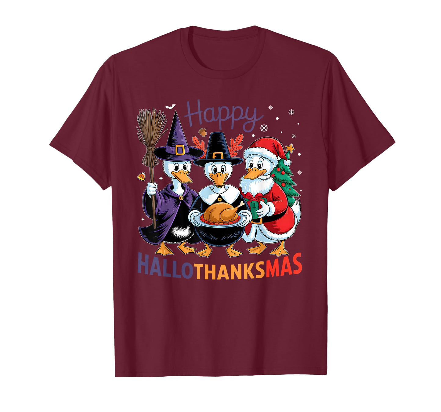 Happy HalloThanksMas Duck Halloween Thanksgiving Christmas T-Shirt