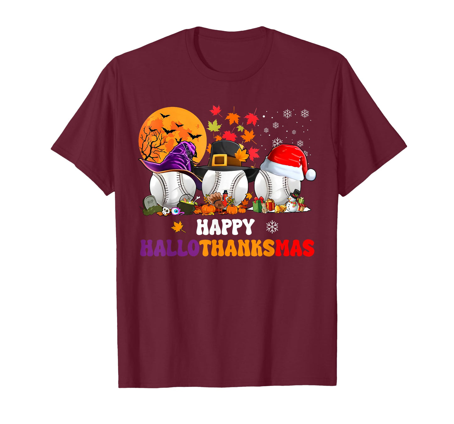 Happy Hallothanksmas Baseball Boys Youth Men Merry Christmas T-Shirt