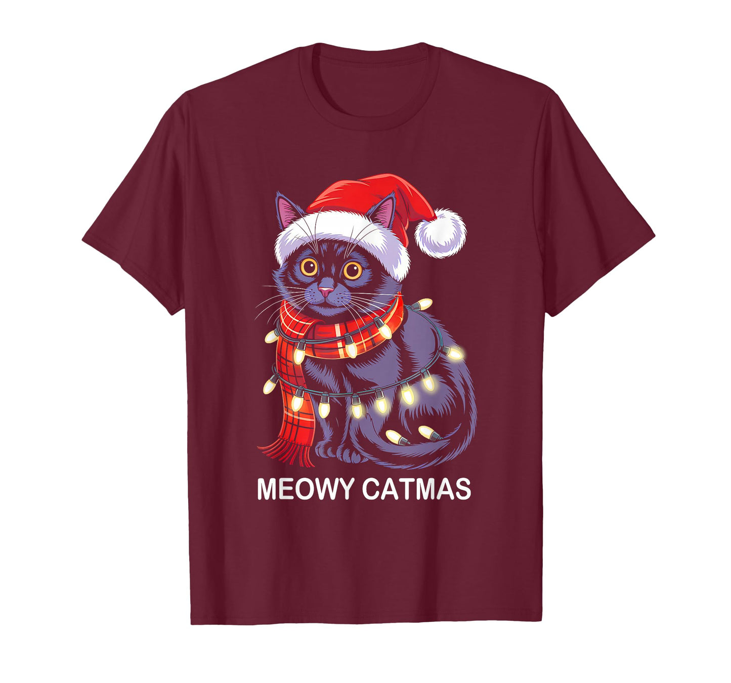 Meowy Catmas Christmas Lights Black Cat Santa Xmas Pajamas T-Shirt