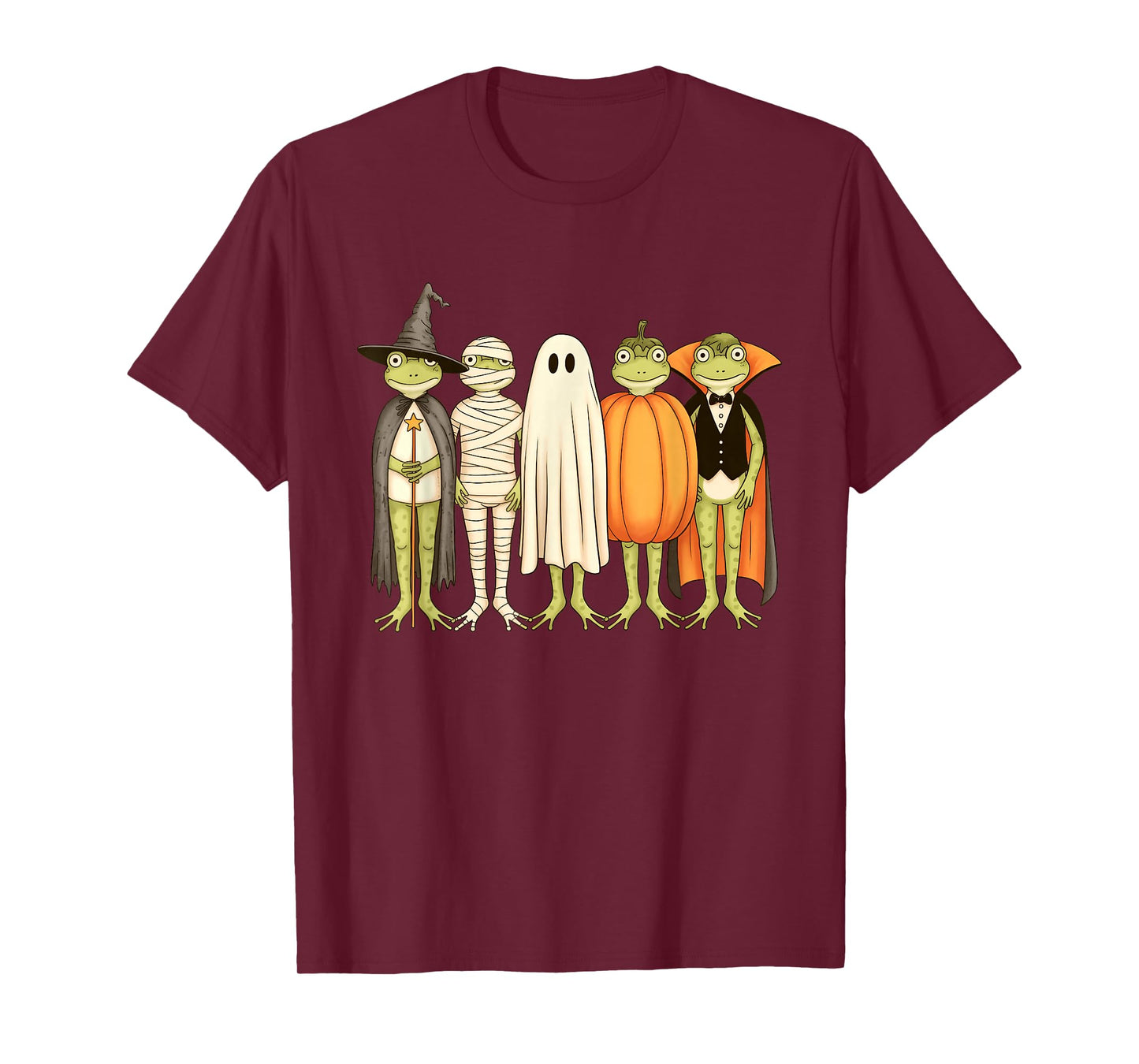 Kawaii Frogs in Halloween Costumes Witch Ghost Pumpkin Mummy T-Shirt