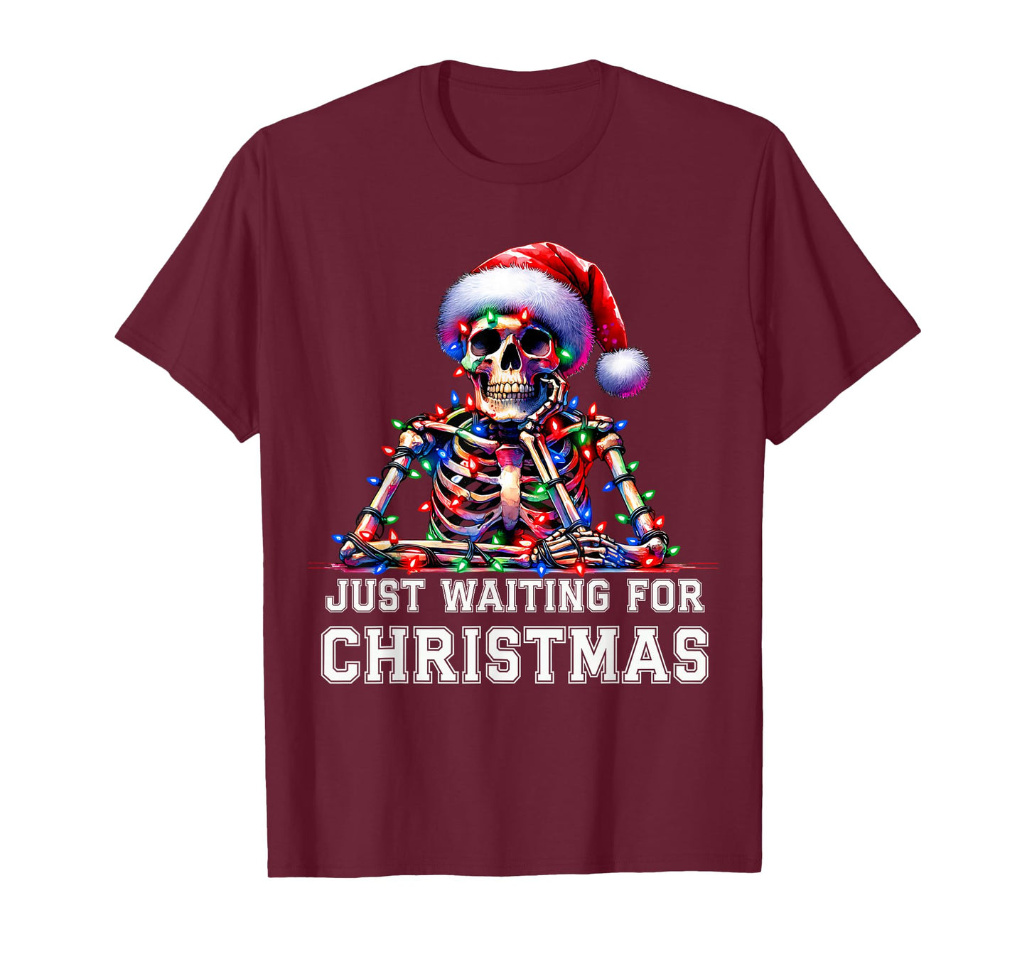 Just Waiting for Christmas Skeleton Santa Hat Xmas Lights T-Shirt