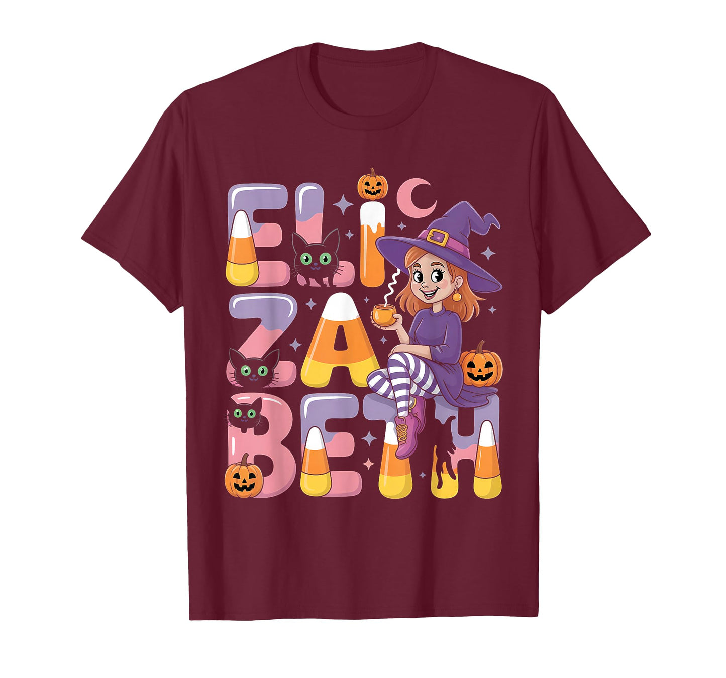 Elizabeth Witch Candy Corn Cat Halloween Women and Girls T-Shirt