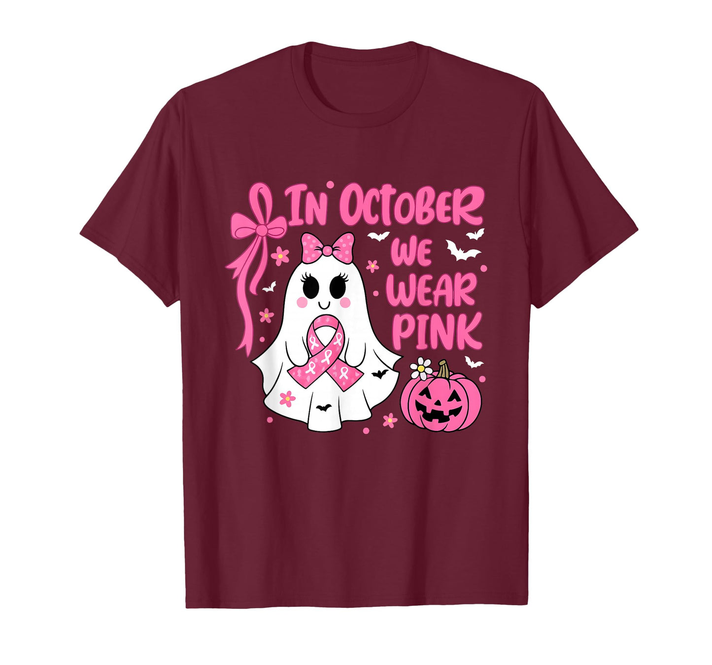 in October We Wear Pink Cute Ghost Breast Cancer Awareness T-Shirt