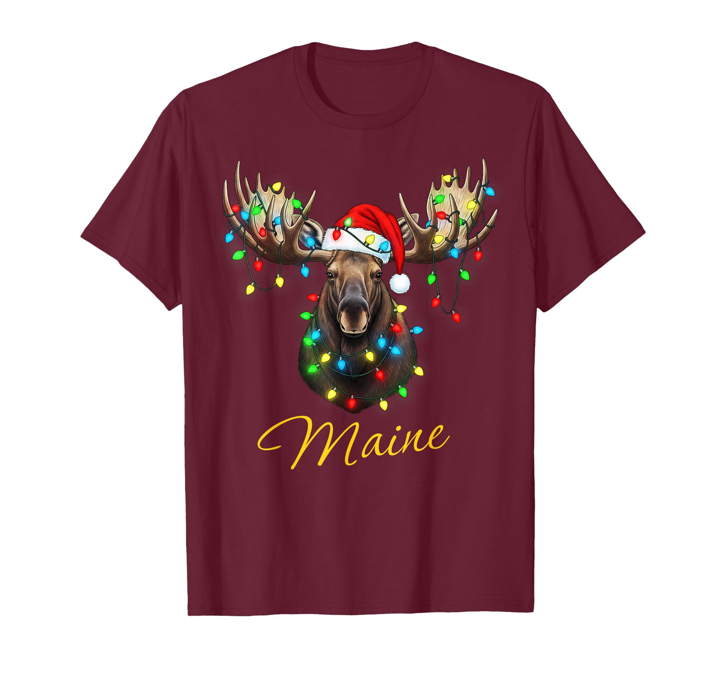 Funny Maine State Moose Christmas Lights Wearing Santa Hat T-Shirt