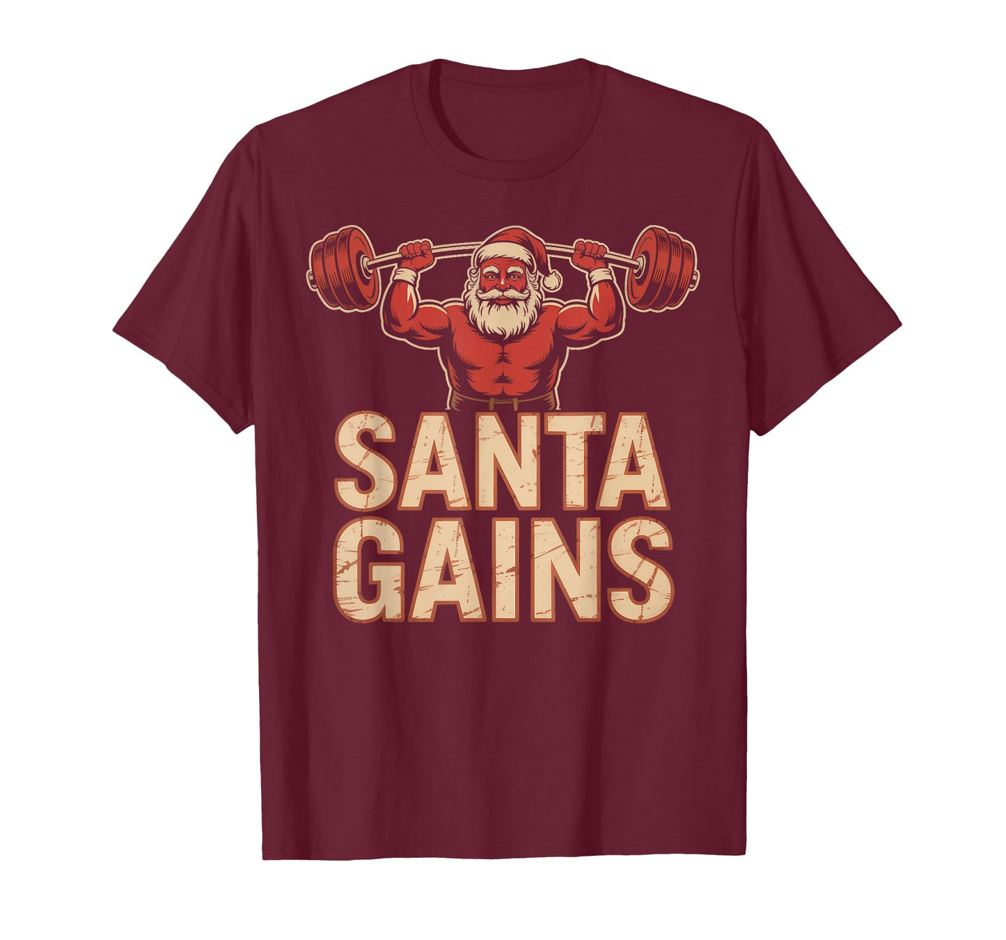 Santa Gains Festive Barbell Lifting Holiday Cheer Slogan T-Shirt