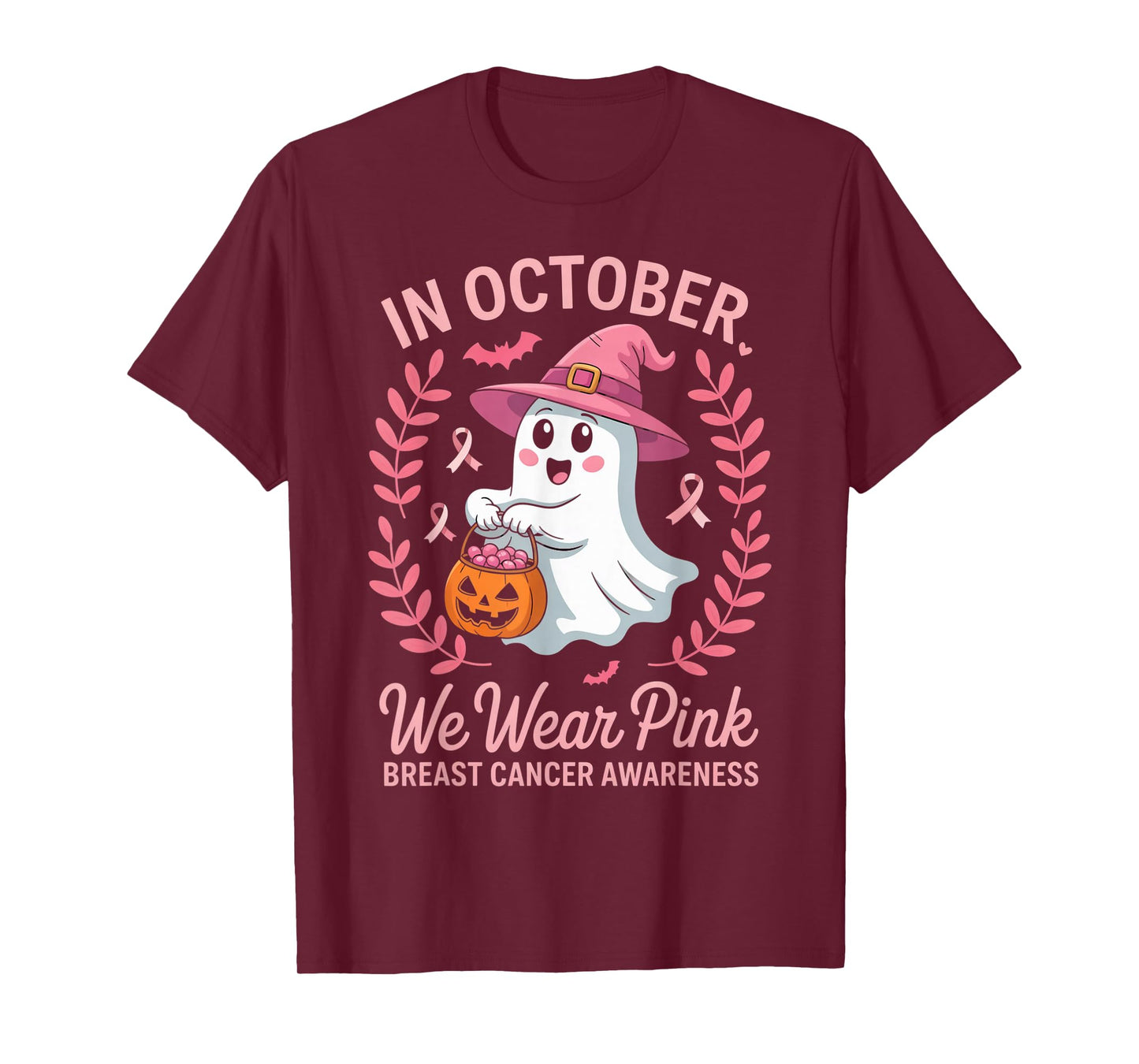 in October We Wear Pink Ghost Witch Breast Cancer Awareness T-Shirt