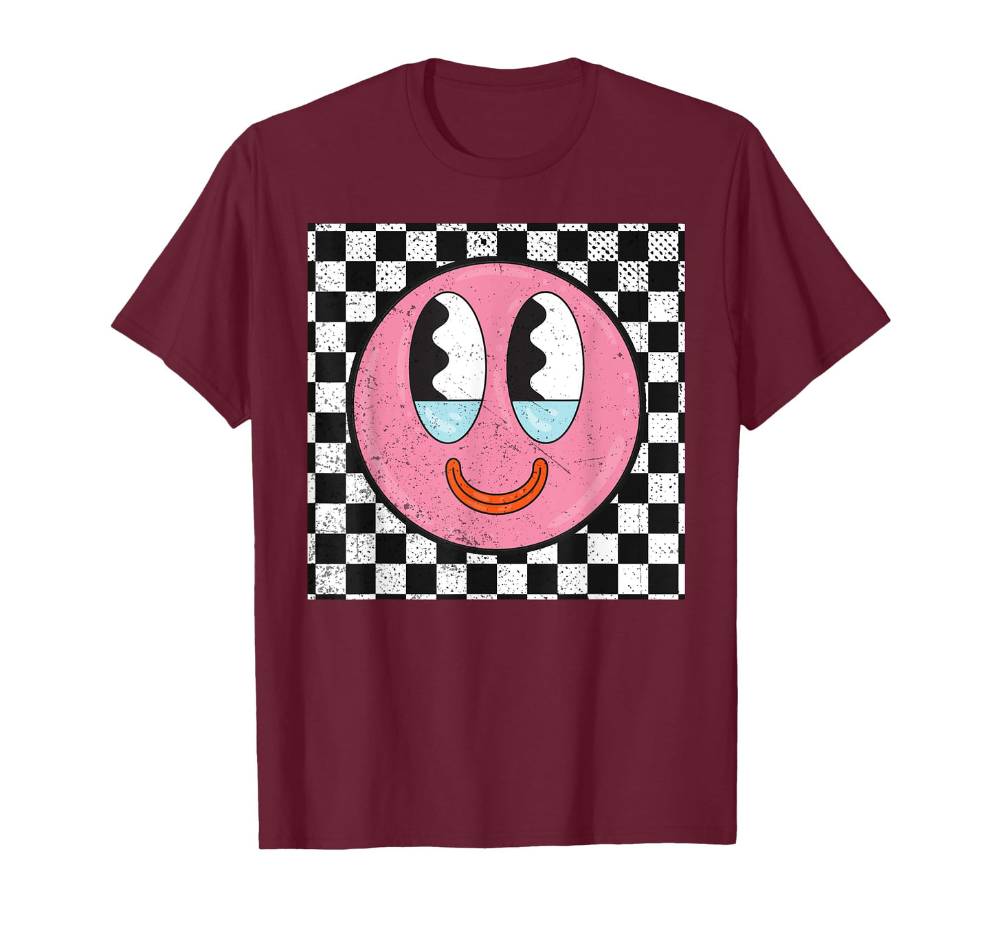 Retro Happy Face Checkered Pattern Smile Face T-Shirt