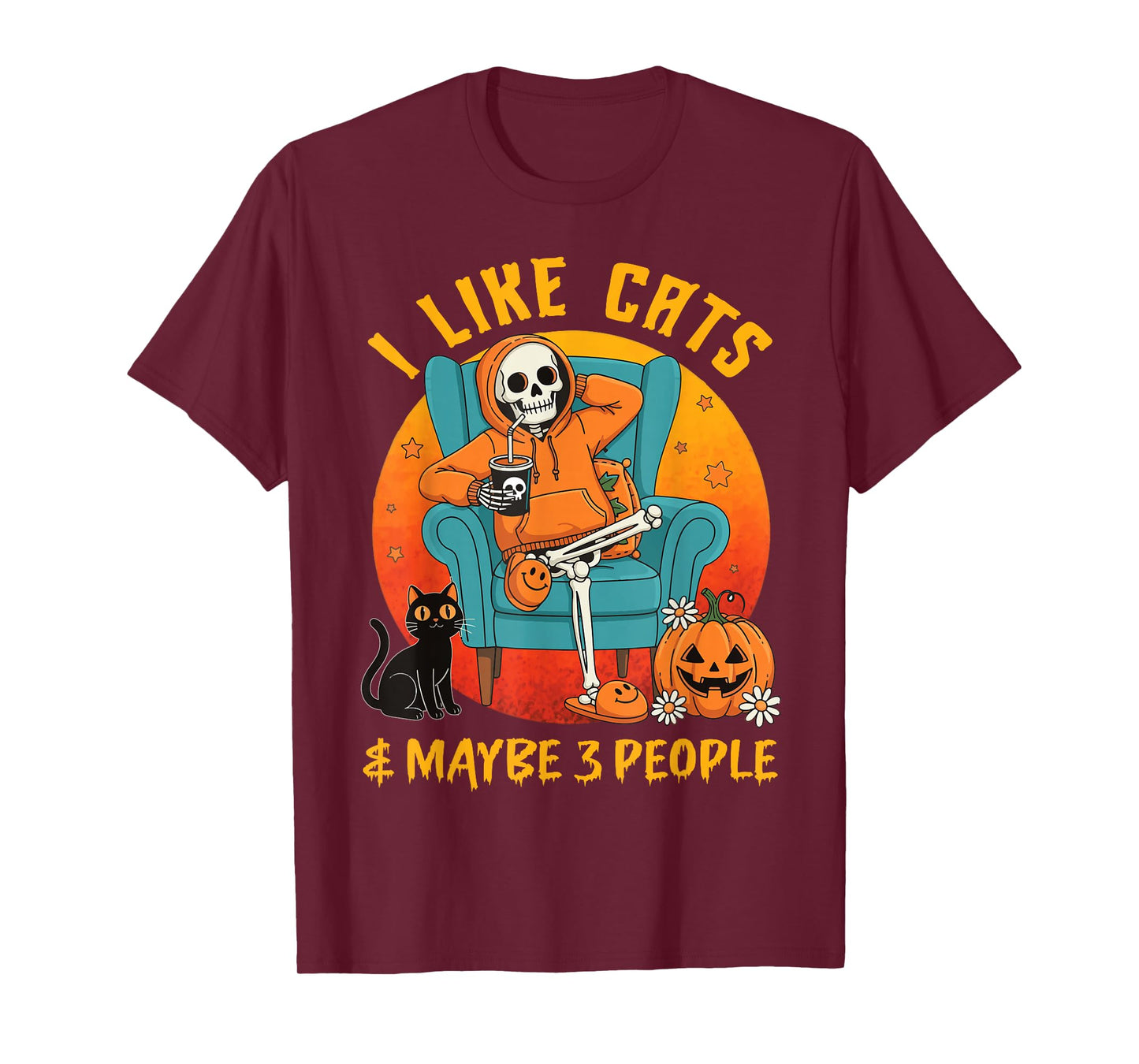 I Like Cats & Maybe 3 People, Skeleton Cat Halloween Pumpkin T-Shirt