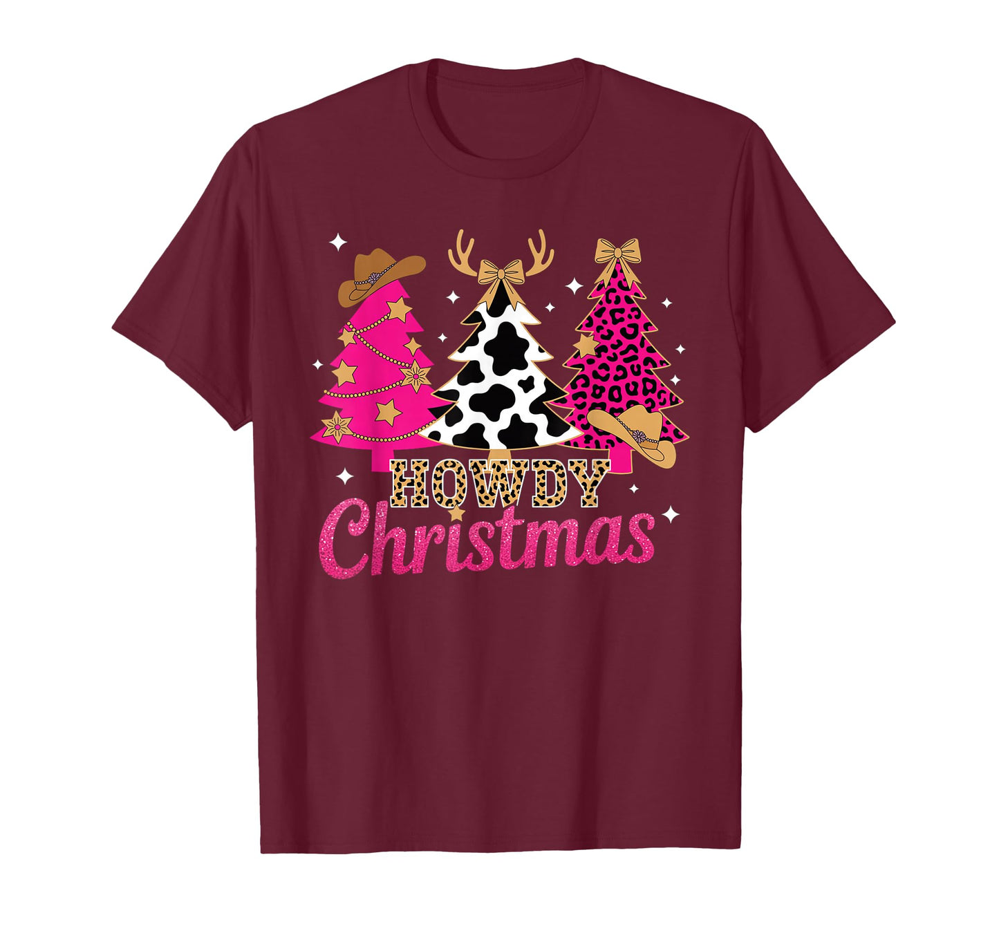 Howdy Christmas Pink Leopard Cow-Print Tree Coquette Cowgirl T-Shirt