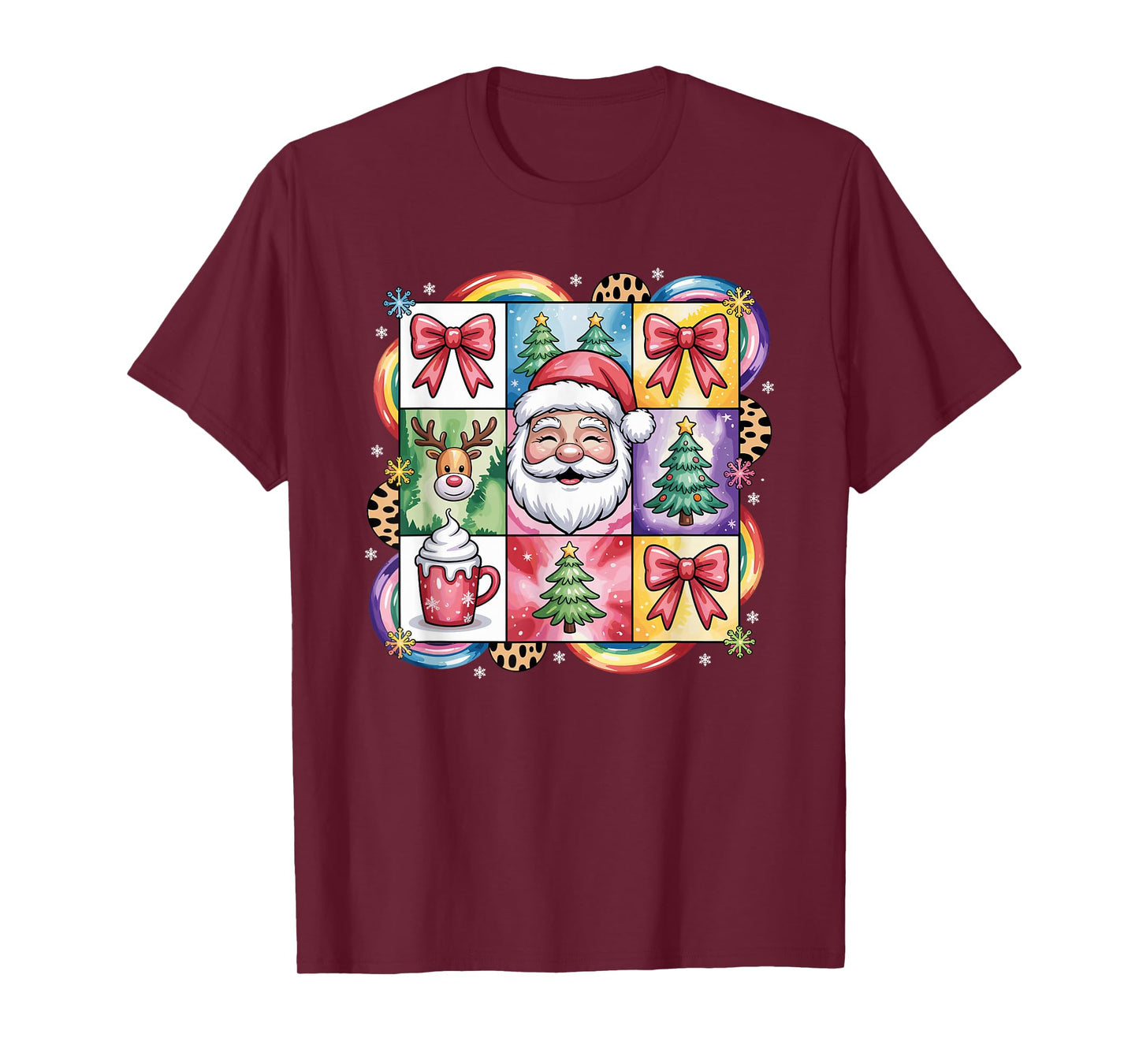 Colorful Patchwork Christmas Santa Reindeer Cocoa T-Shirt